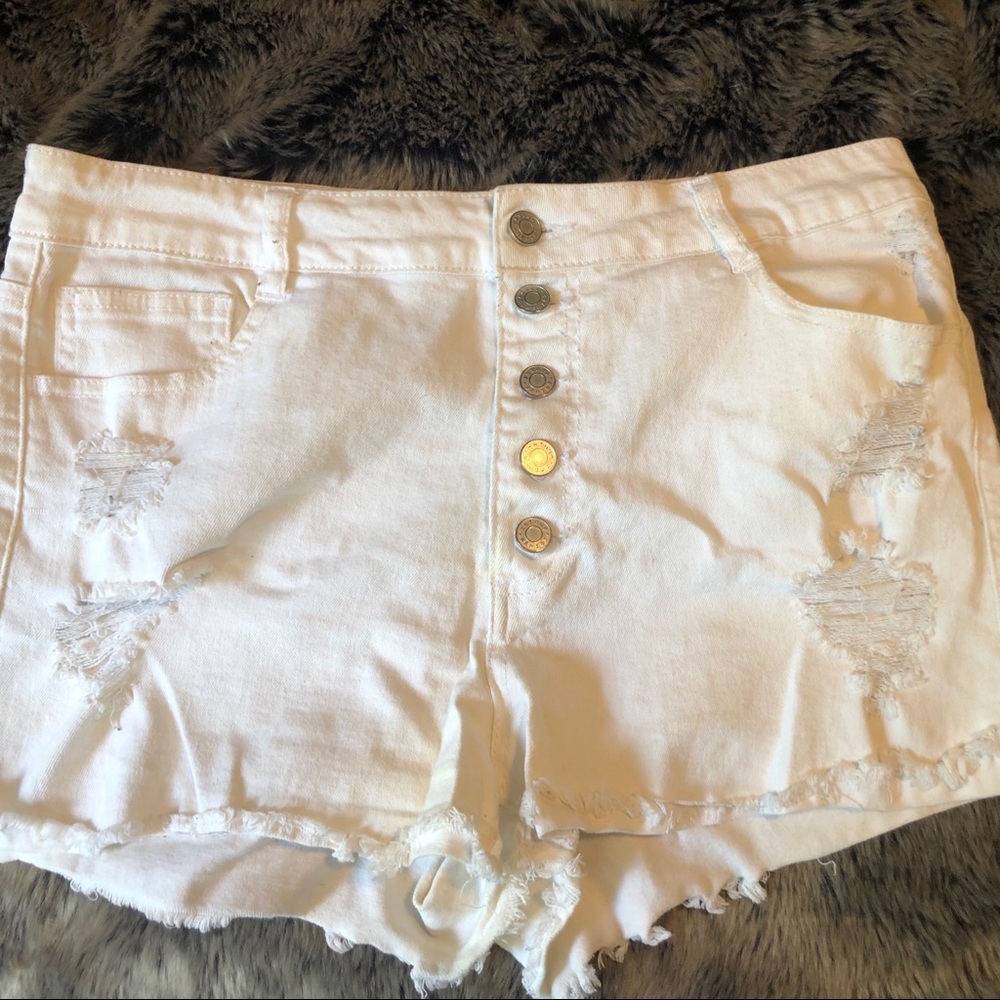 Distressed White Button Up Denim Shorts
